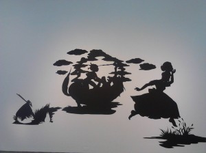 Kara Walker's "Presenting Negro Scenes Drawn Upon My Passage through the South and Reconfigured for the Benefit of Enlightened Audiences Wherever Such May Be Found, By Myself, Missus K.E.B. Walker, Colored", 1997Watercolor and paper on paper